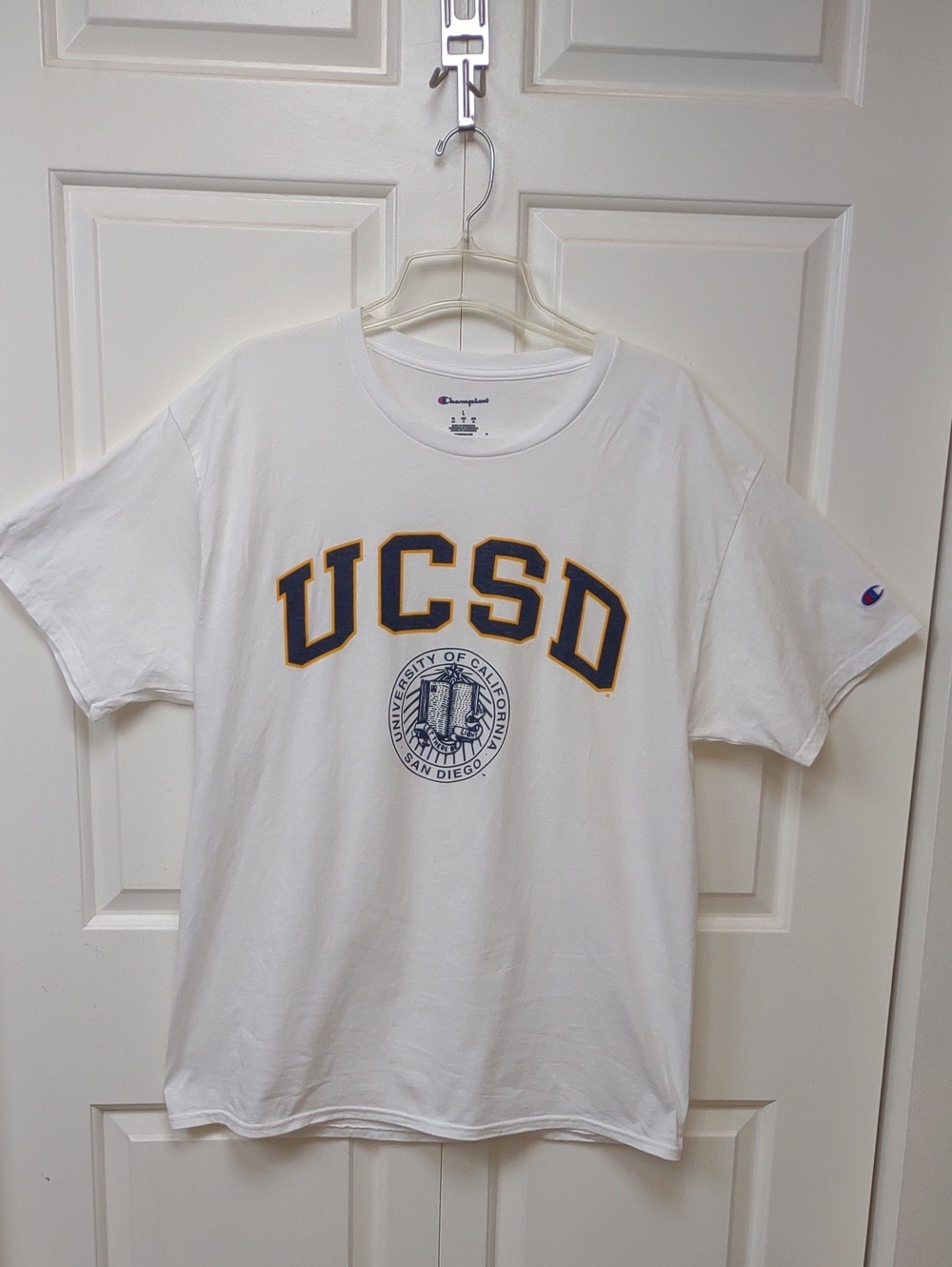 Champion White 100% Cotton SS UCSD Graphic Tee with Navy and Gold Lettering - Picture 2 of 8